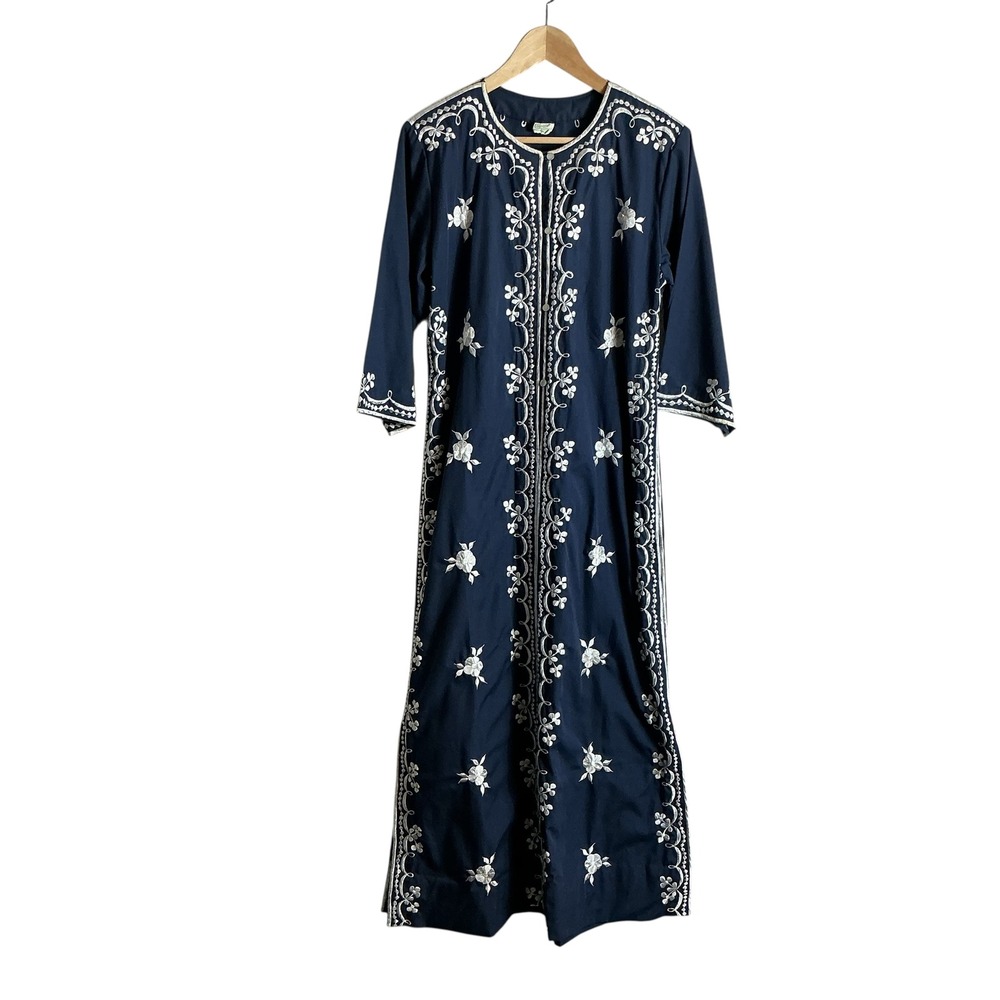 CARO OF HONOLULU‎ Vintage Embroidered Navy White  Kaftan Maxi Dress Size 12